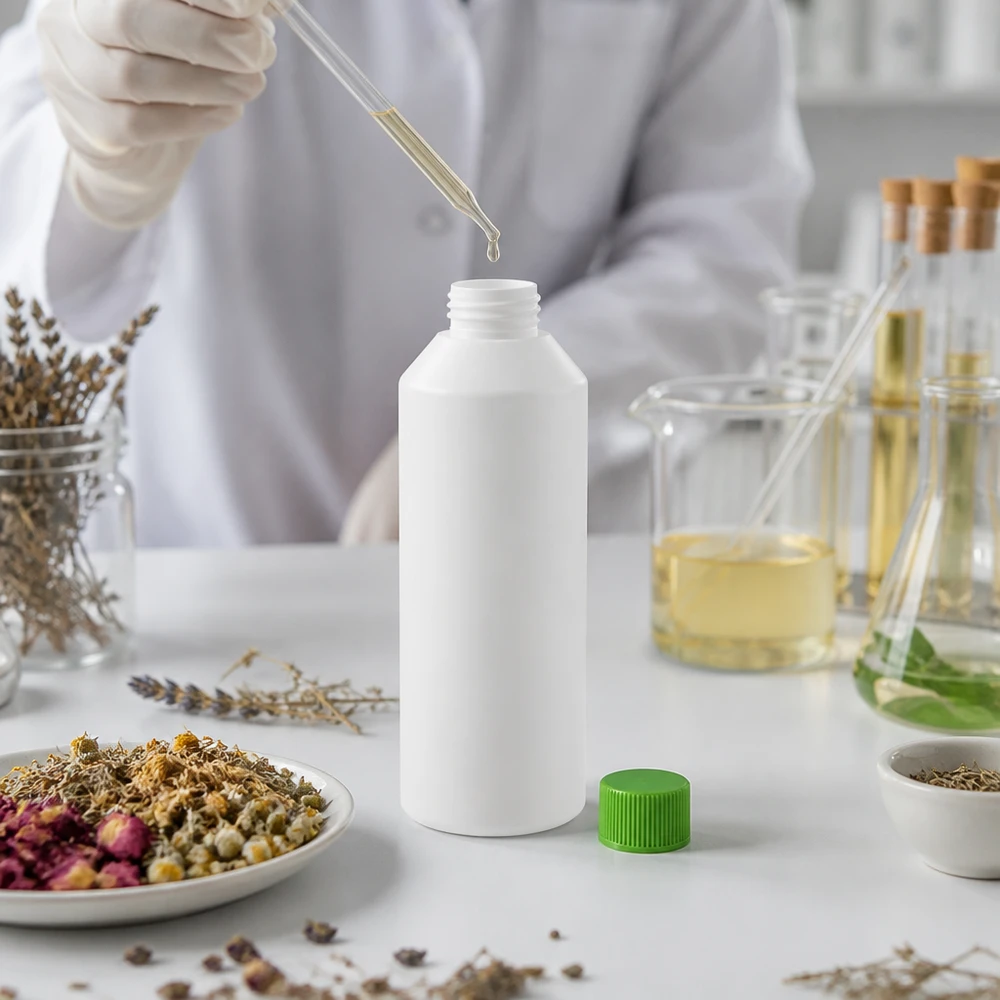 Apoteksflaska HDPE 250ml vit, med grönt skruvlock Vit plastflaska på 250 ml med grönt lock bredvid medicinalväxter och laboratorieglas