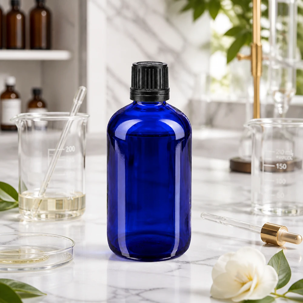 Blå 100 ml apotekerglasflaska med svart 8 mm originalförslutning i laboratoriemiljö