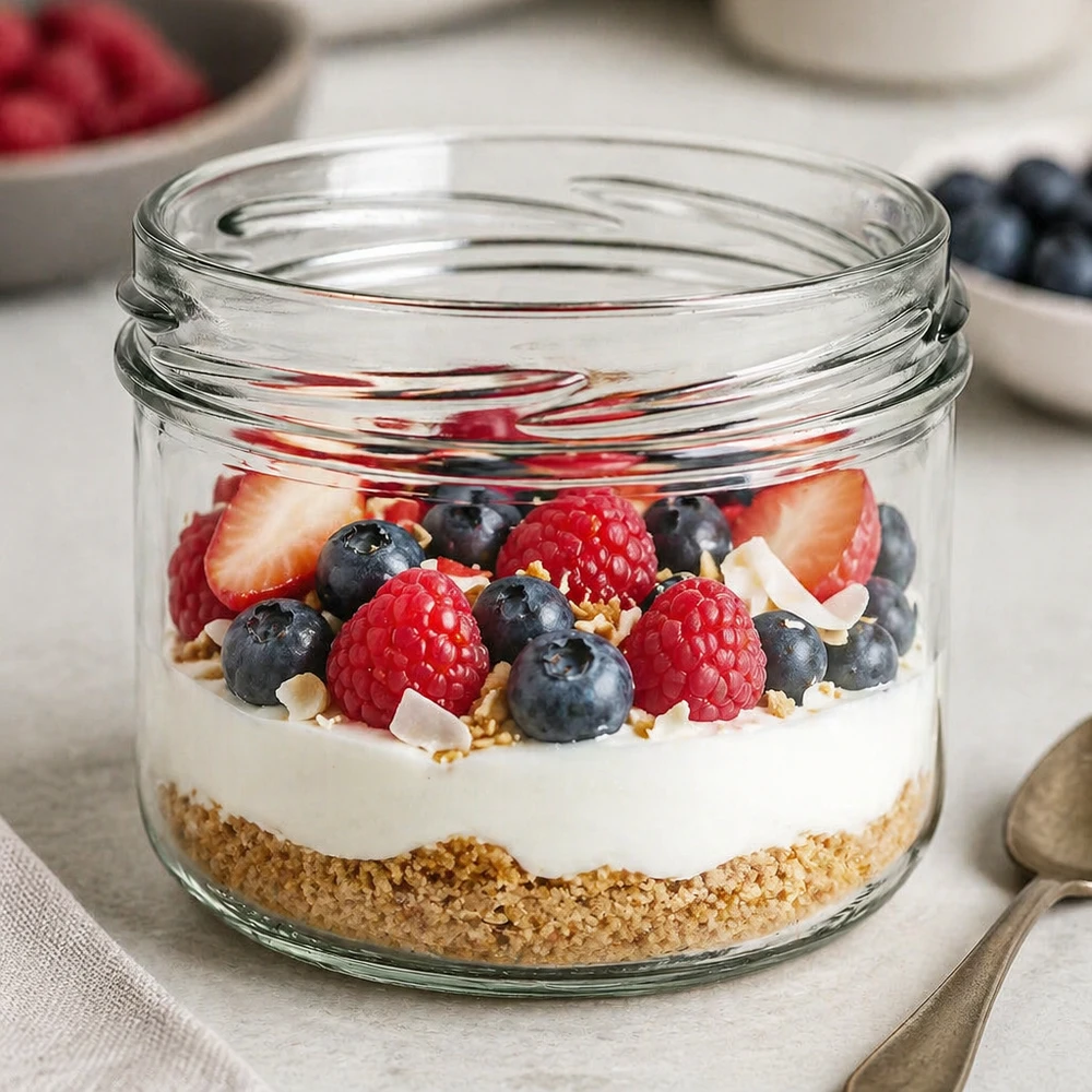 UNiTWIST Sturz260 runt glas 260ml TO82 fylld med yoghurt bär müsli som en dessert i ett glas Produktbild