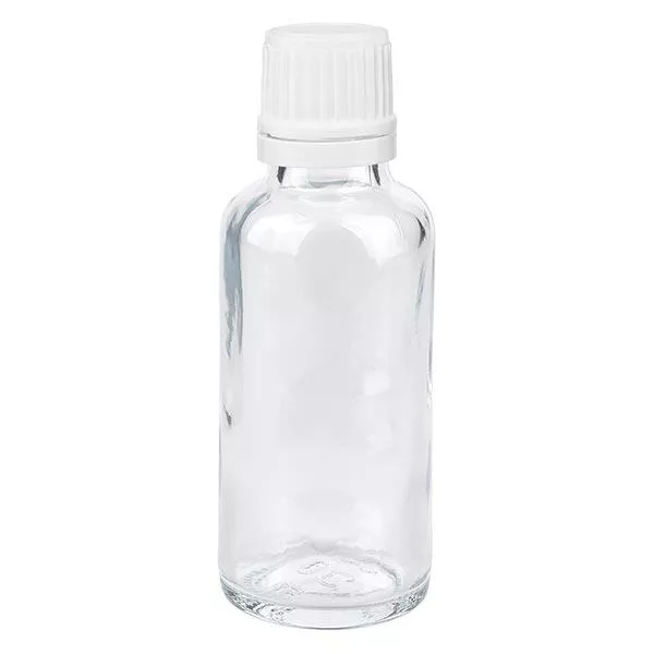 Apoteksflaska klar 30 ml skruvlock vit manipulationsskyddad förslutning Apoteksflaska klar 30 ml skruvlock vit manipulationsskyddad förslutning