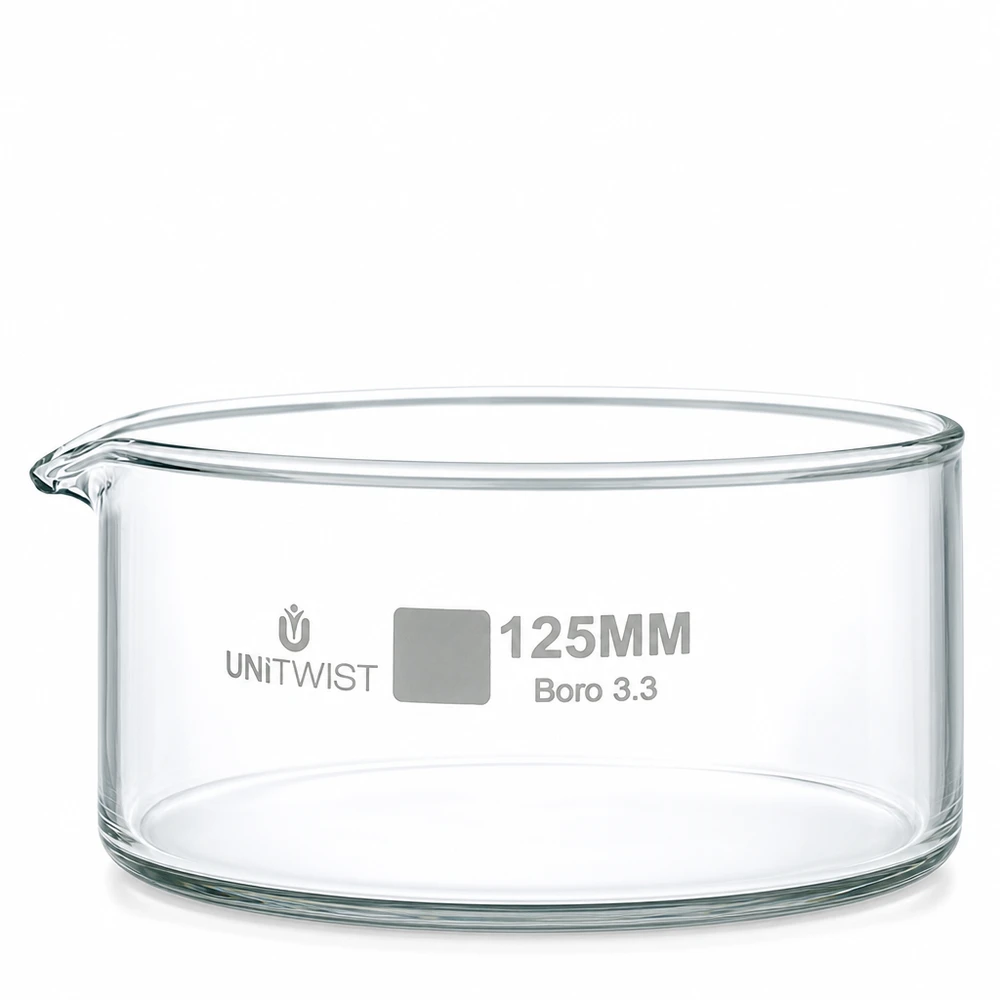 Kristallisationskärl ø125 mm, borosilikatglas UNiTWIST Kristalliseringsskål 125 mm, borosilikatglas, UNiTWIST, med utlopp, transparent och cylindrisk form