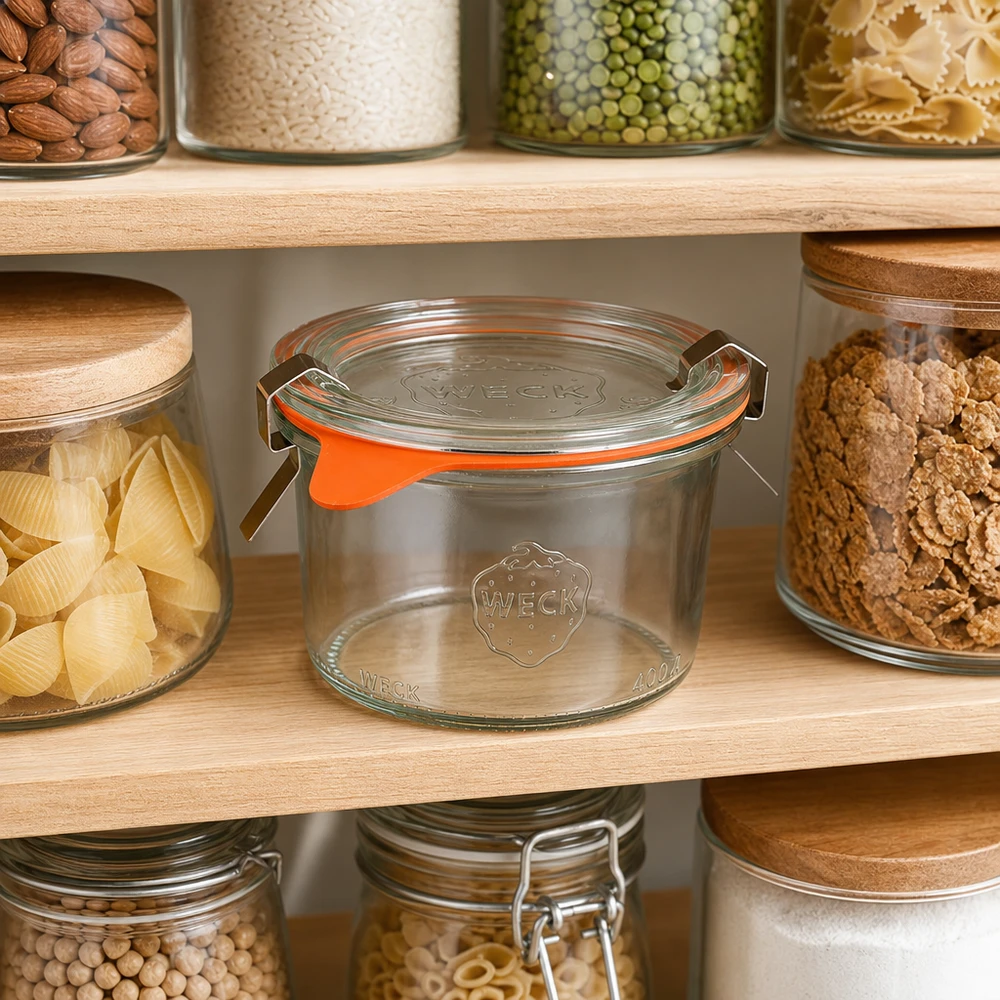 200ml Krossade glasögon komplett WECK RR80 WECK 200 ml RR80-glas för förvaring av mat i organiserade förvaringskök med nötter och pasta