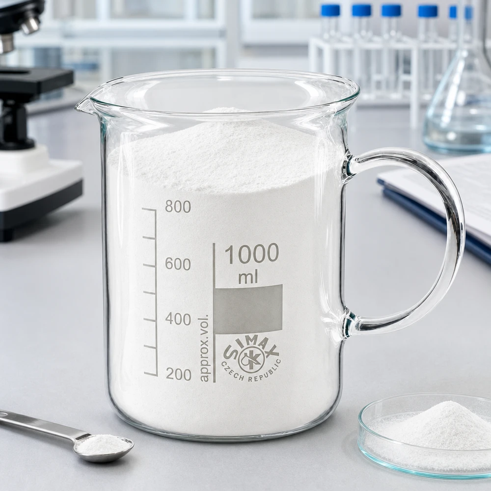 Ett 1000 ml-bägarglas fyllt med vitt pulver bredvid en petriskål och en sked i laboratoriet