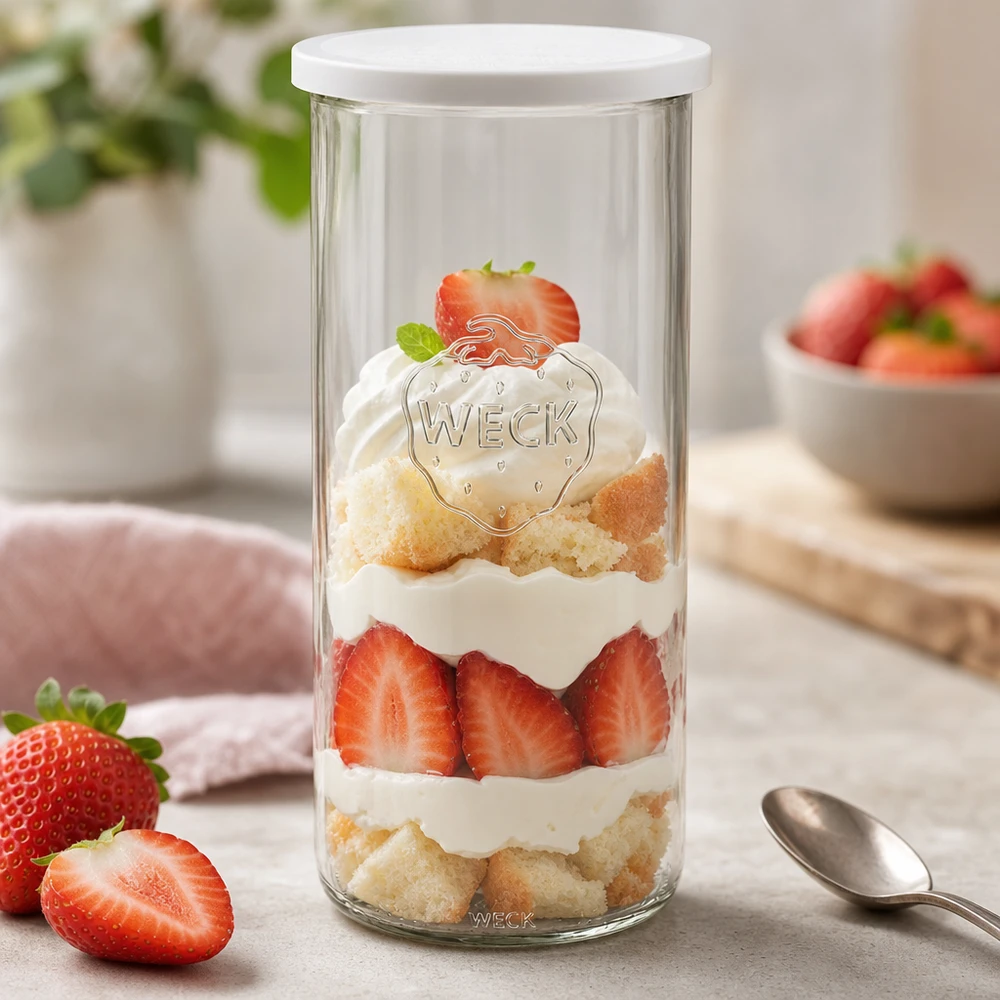 WECK 1500ml RR100 burk fylld med jordgubbsdessert visar mångsidig användning som desserttallrik med sked