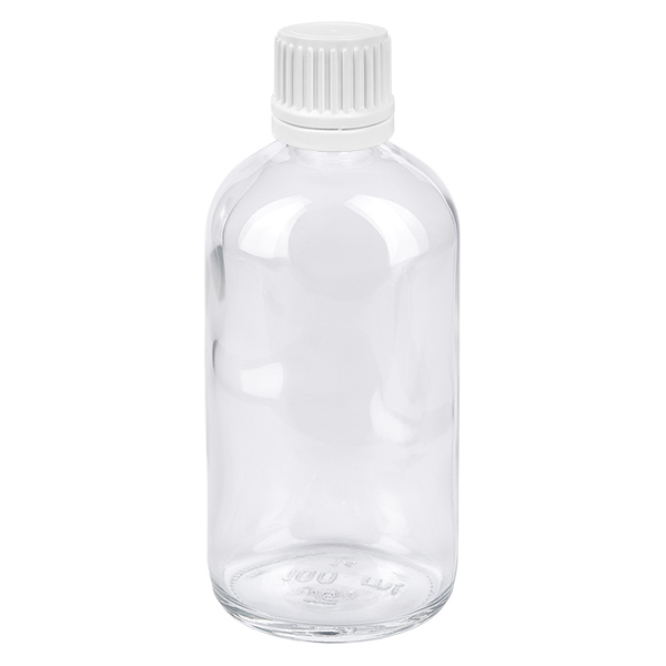 100 ml Droppflaska 0,7 mm vit med säkerhetsförslutning ClearLine UT18/100 Genomskinlig glasflaska, 100 ml, med vit originalförslutning för droppar och läkemedel