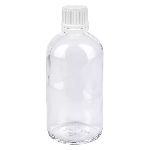 100 ml Droppflaska 0,7 mm vit med säkerhetsförslutning ClearLine UT18/100 Genomskinlig glasflaska, 100 ml, med vit originalförslutning för droppar och läkemedel