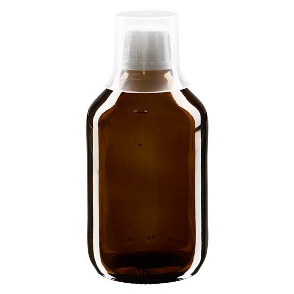 250 ml medicinflaska brun, säkerhetsförslutning med doseringsbägare 30 ml ApoGlas 250 ml medicinflaska brun, säkerhetsförslutning med doseringsbägare 30 ml ApoGlas