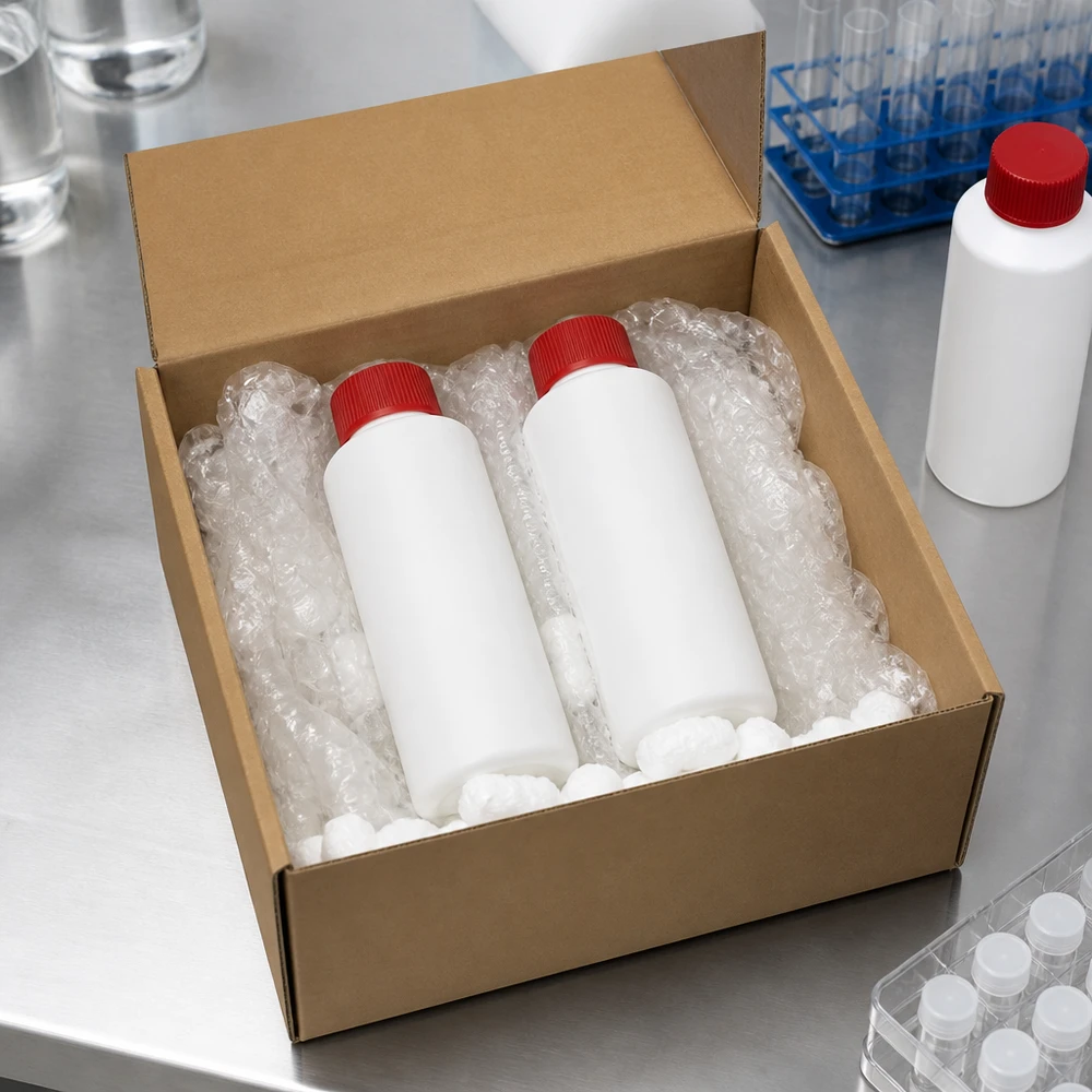 Två vita HDPE-apotekflaskor à 100 ml med röda lock, säkert förpackade i en kartong med luftbubbelplast