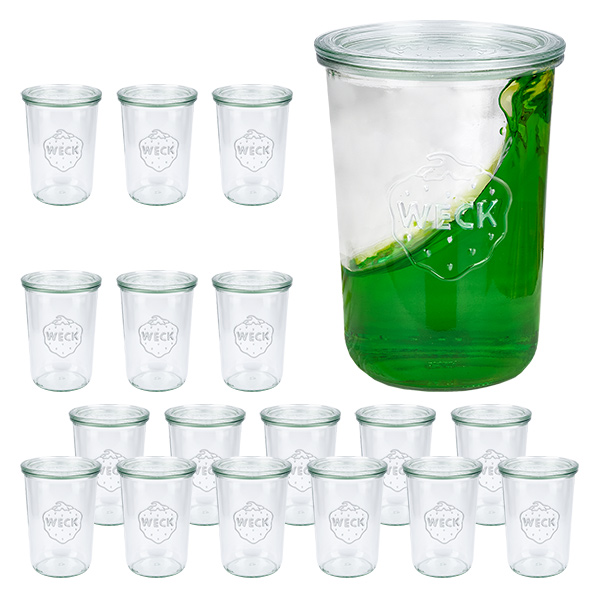 Set med 18 burkar Weck 850 ml, 3/4 l glasburkar med 18 glaslock