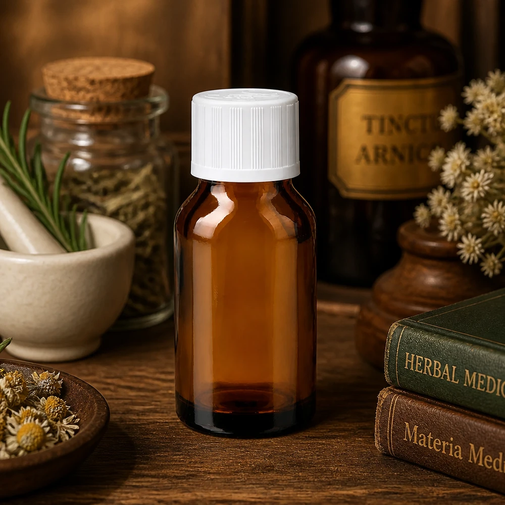 En bärnstensfärgad droppflaska på 30 ml med vitt barnsäkert lock, placerad mellan böcker om medicinalväxter och en mortel