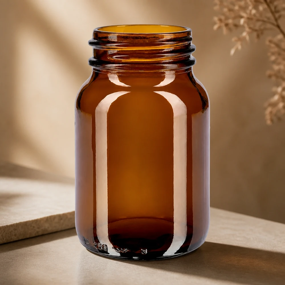 250ml bärnstensglasflaska med bred hals 250 ml flaska med vid hals tillverkad av högkvalitativt bärnstensfärgat glas för optimalt ljusskydd av innehållet