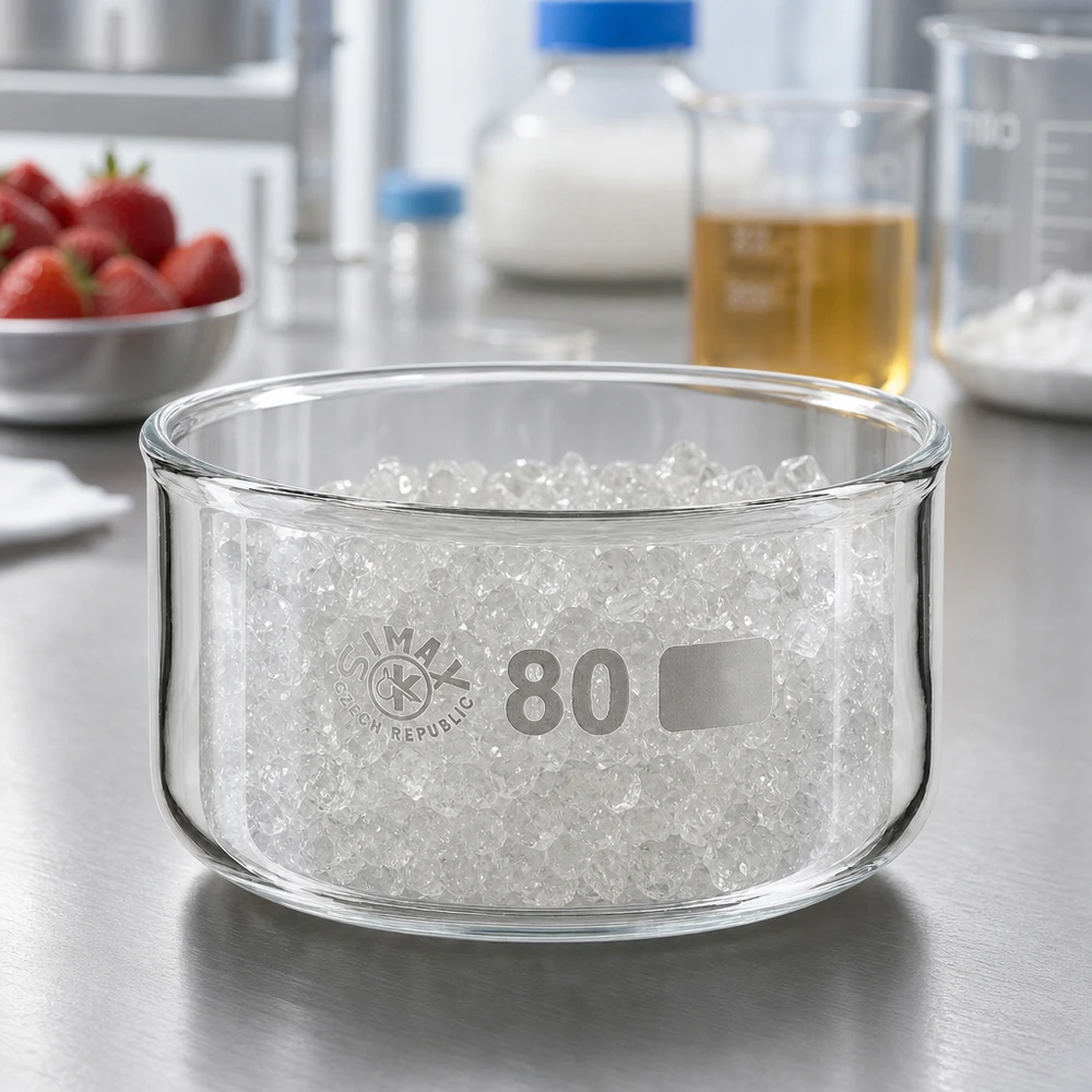 150ml kristalliseringsskål utan pip borosilikat ø80mm SIMAX-kristalliseringsskål, 150 ml, med vita granulatpärlor på en arbetsyta av rostfritt stål i laboratoriet