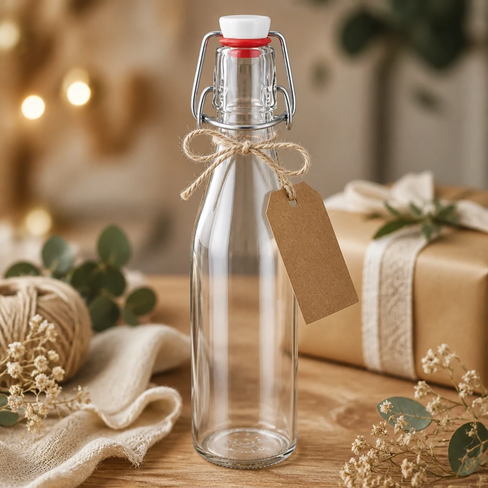 Glasflaska 250 ml med vridpropp dekorerad som en gåva, etikett i kraftpapper och jutesnöre, festlig presentation.