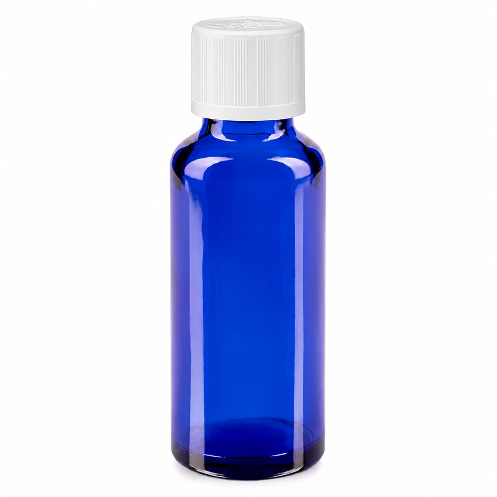 Apoteksflaska blå 30ml skruvkork vit barnsäker standard 30 ml blå apotekarflaska i glas med vitt barnsäkert lock, 11 mm