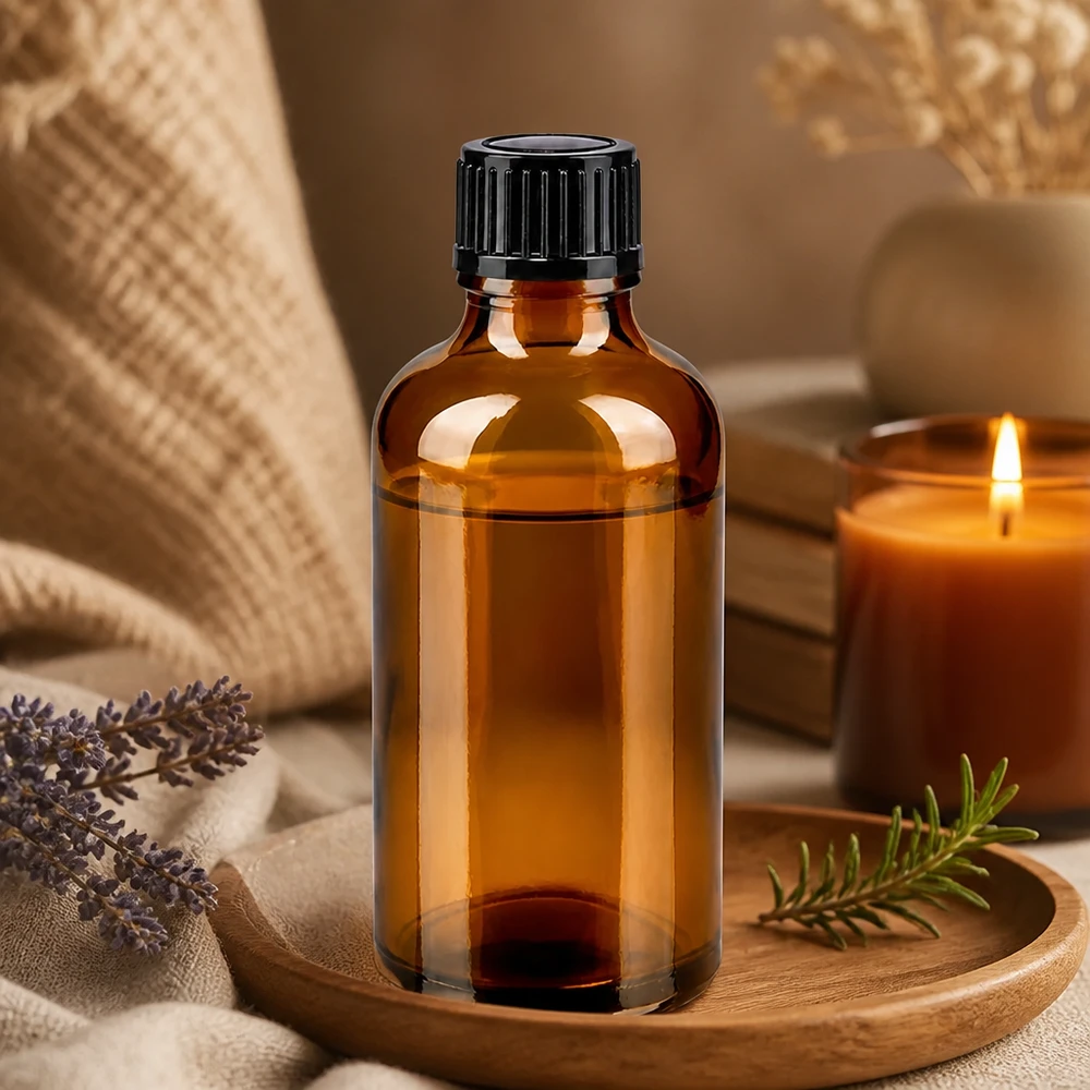 Apoteksflaska brun 50ml skruvlock svart standard Aromaterapisats med en 50 ml brun glasflaska med svart lock, rosmarin och doftljus
