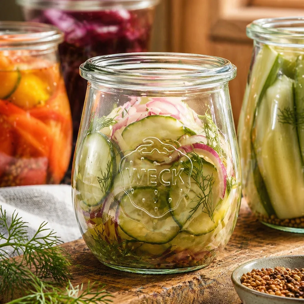 WECK tulpanburk 220ml RR60 fylld med inlagda gurkor och dill bredvid färgglada konserveringsburkar Preserves Kitchen