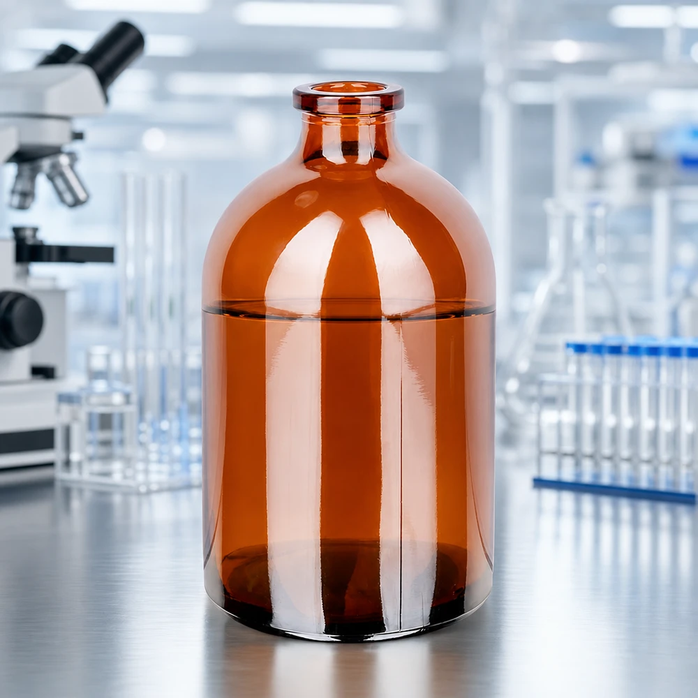 Injektionsflaska av bärnstensfärgat glas 100ml Sterile Braunglas-Injektionsflasche 100ml für Infusionslösungen vor professioneller Laborausstattung