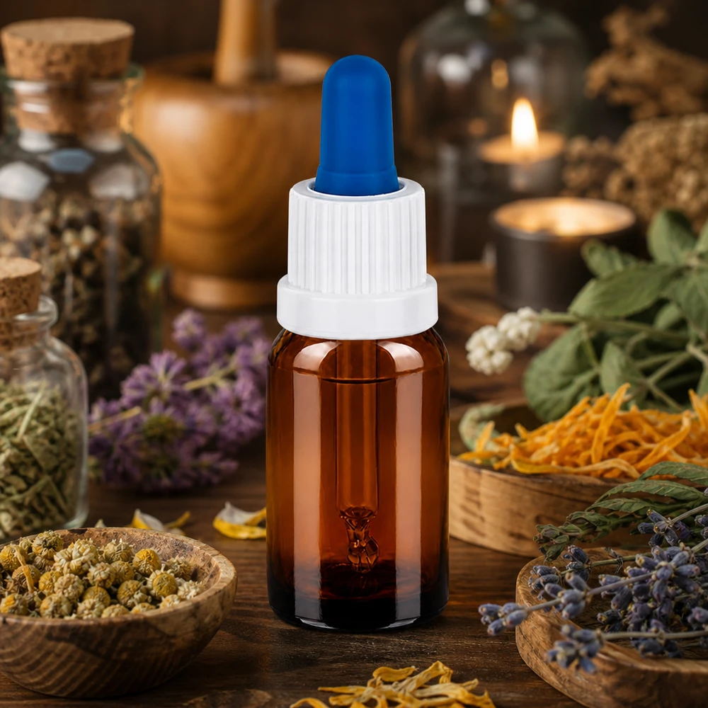 10ml pipettflaska vit/blå med säkerhetsförslutning BrownLine UT18/10 BrownLine pipettflaska 10ml med OV18-gänga och blå droppspets för aromaterapi