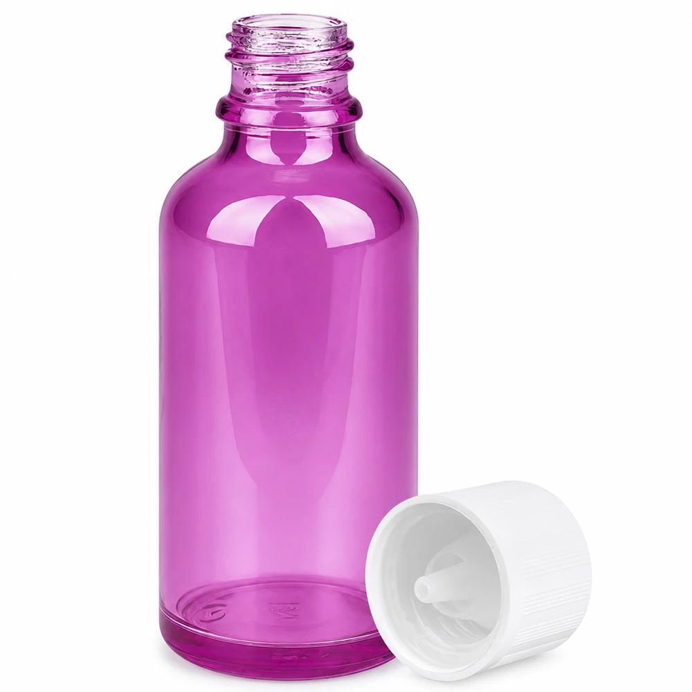 Lila droppflaska 50 ml med barnsäkerhetslås och exakt 1,2 mm doseringsöppning för säker användning