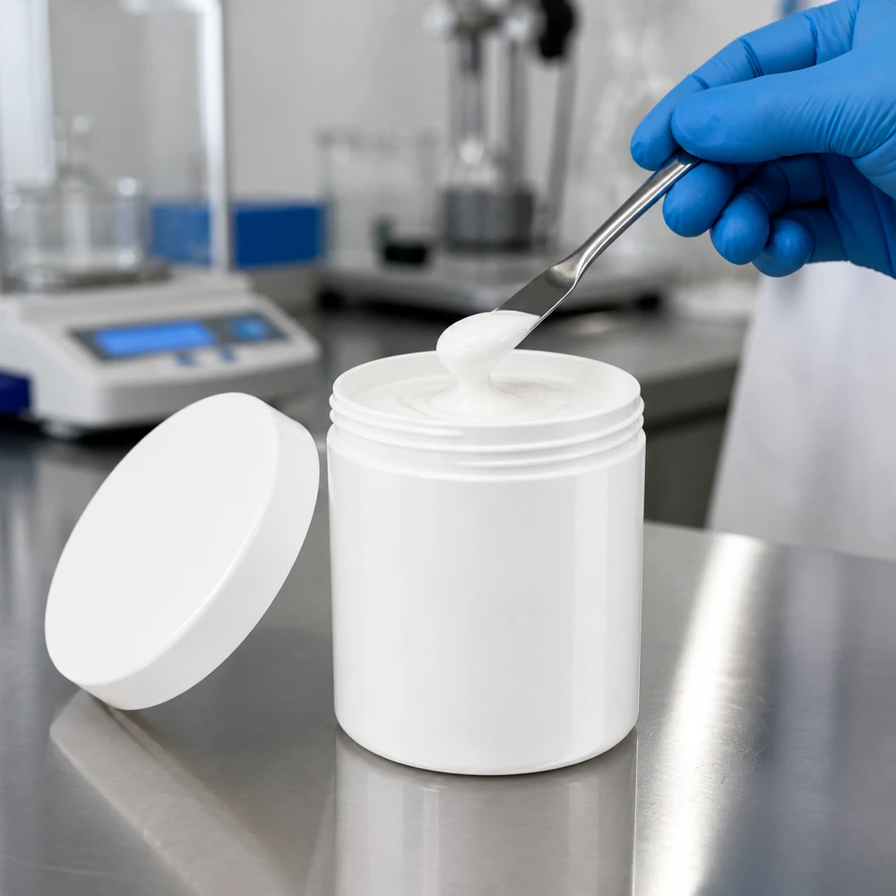 Laboratorieundersökning av en vit 800 g salvorburk av PP-plast med skruvlock