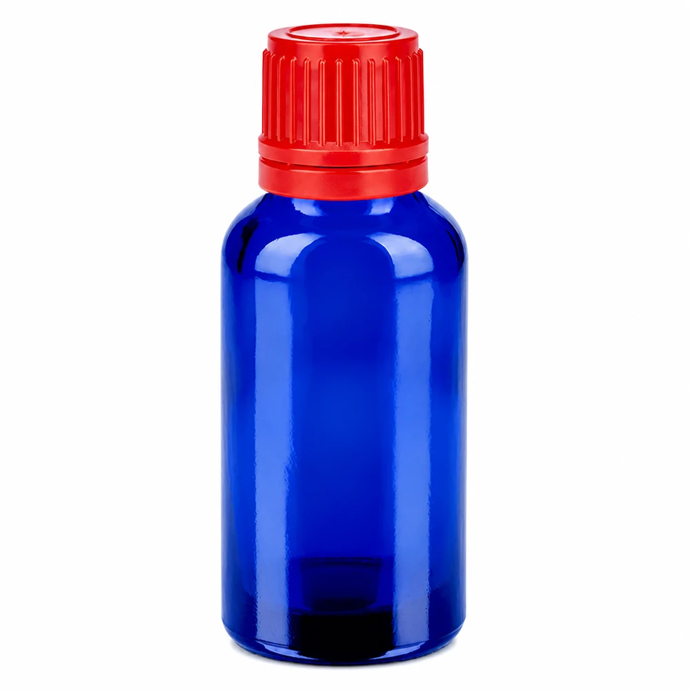 30ml flaska 11mm skruvkork röd sabotagesäker kapsyl BlueLine UT18/30 30 ml glasflaska med rött skruvlock för eteriska oljor och droppapplikationer