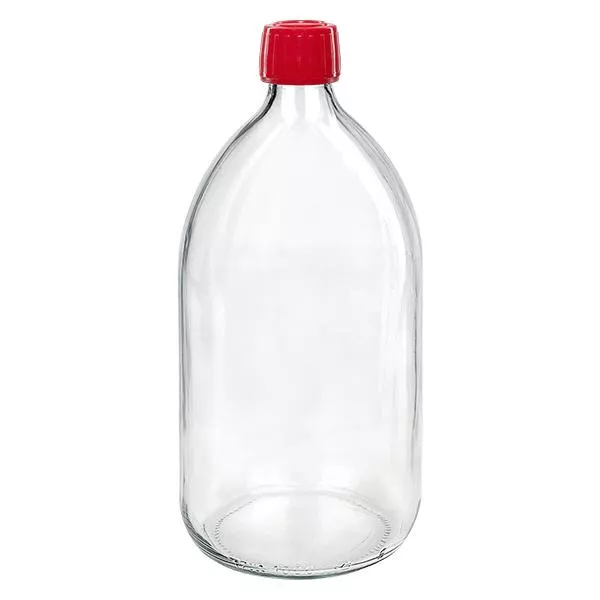 1000 ml medicinflaska med klart, rött lock och säkerhetsring ApoGlas 1000 ml medicinflaska med klart, rött lock och säkerhetsring ApoGlas