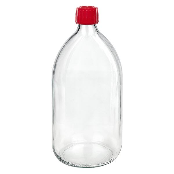 1000 ml medicinflaska med klart, rött lock och säkerhetsring ApoGlas 1000 ml medicinflaska med klart, rött lock och säkerhetsring ApoGlas