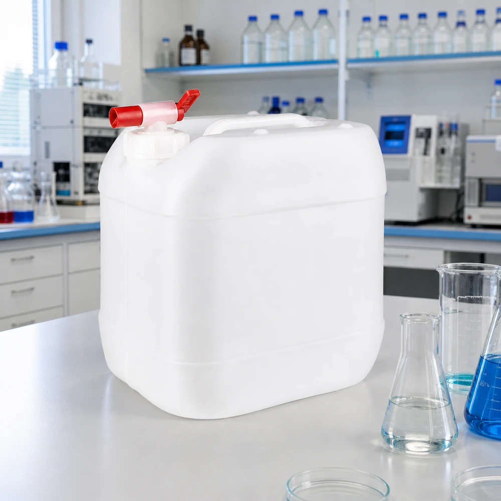 Dunk 15 liter med avtappningskran Rektangulär HDPE-dunk på 15 liter med bärhandtag och röd avtappningskran i laboratoriemiljö