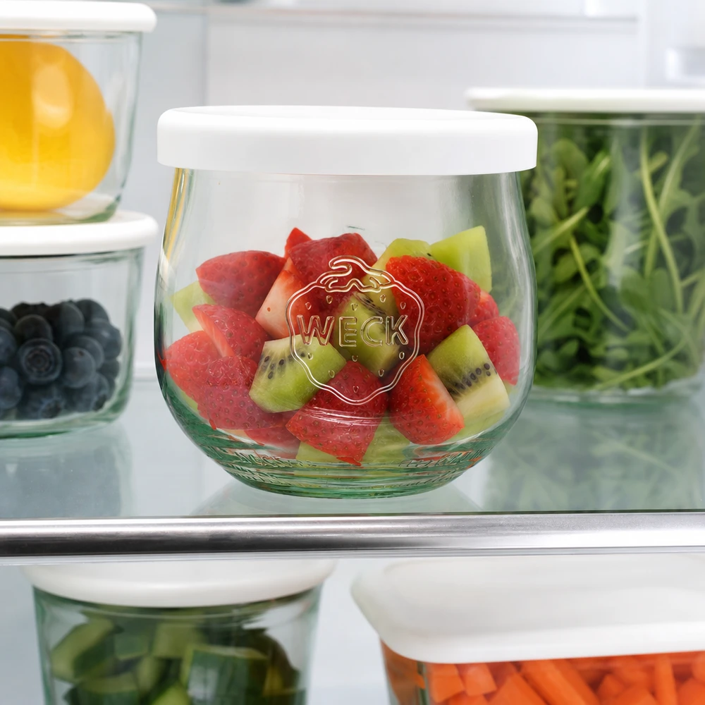 WECK tulpanburk 370ml med fruktsallad i kylen vitt silikonlock Meal Prep förvaringsburk för färskhet