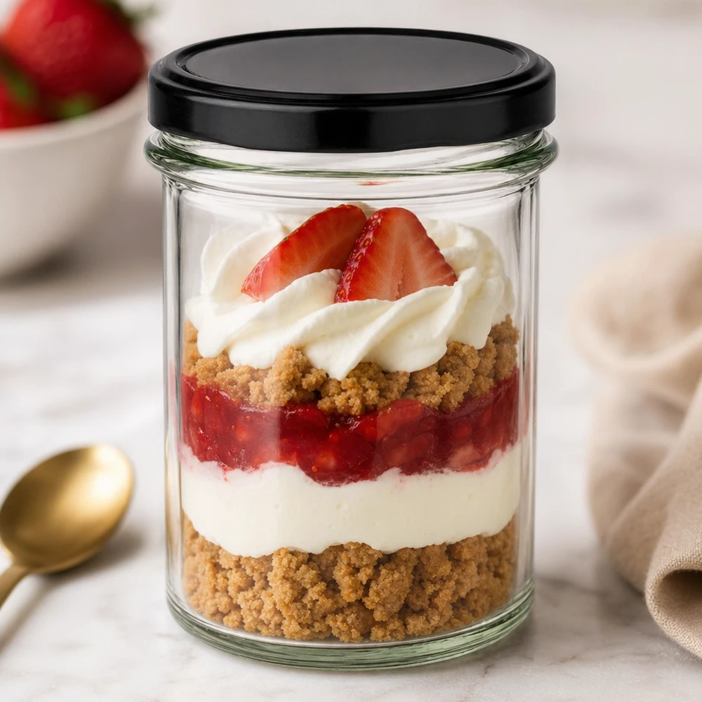 230 ml glas med svart lock som dessertglas för desserter i lager med jordgubbar, grädde och kexbotten