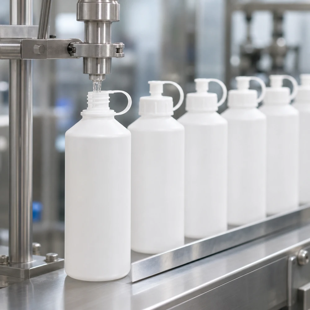 Apoteksflaska HDPE 100ml vit med spraylock En automatisk fyllningsanläggning fyller vita 100 ml HDPE-apotekflaskor i serieproduktion