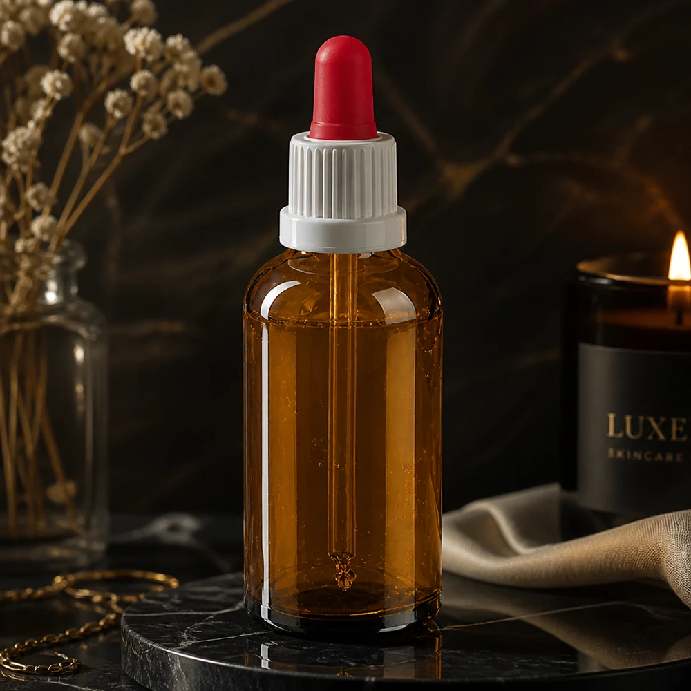 50 ml pipettflaska vit/röd med säkerhetsförslutning BrownLine UT18/50 Högkvalitativ 50 ml droppflaska i elegant bärnstensfärgat glas med exakt pipett i röd silikon