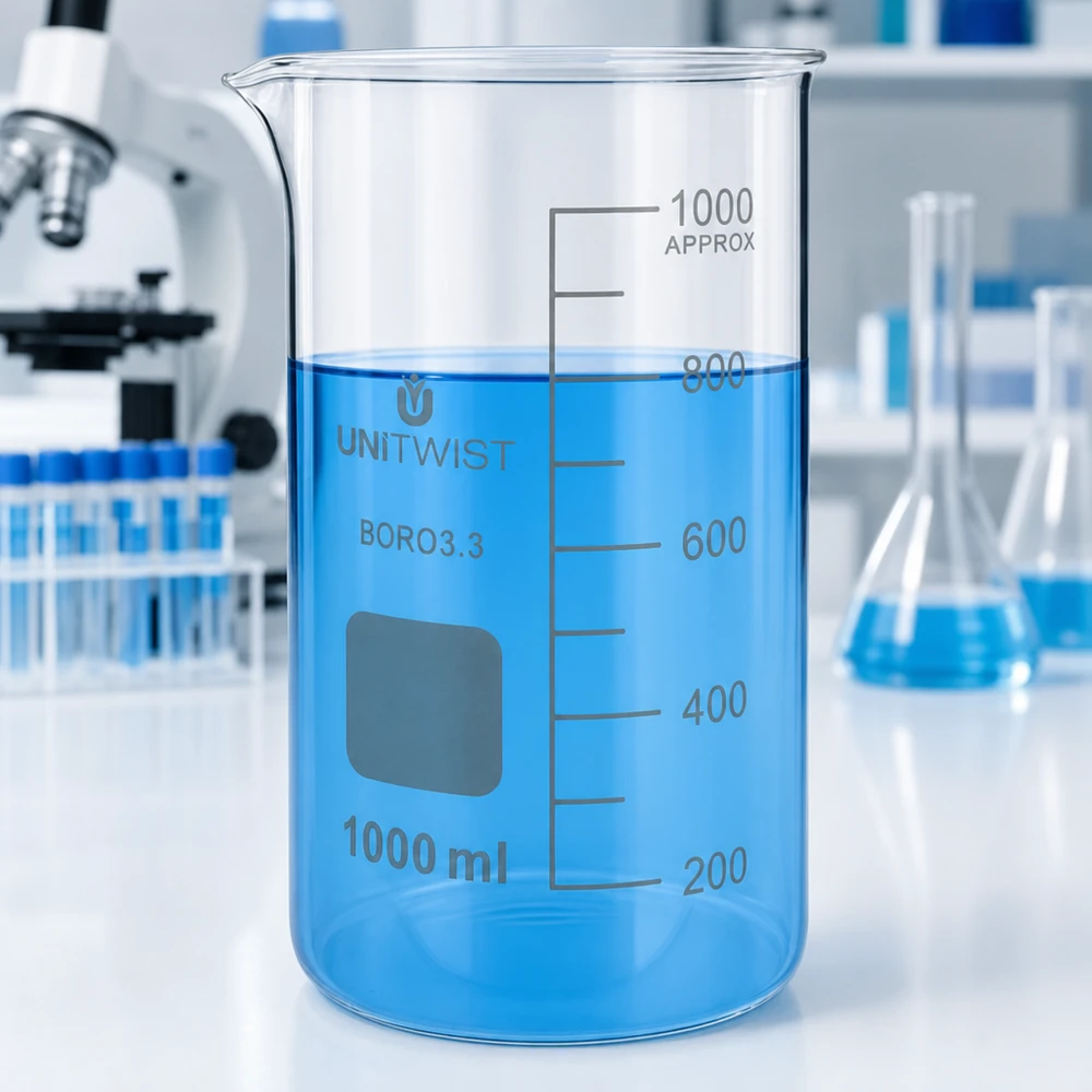 Bägare 1000ml borosilikat, högformad UNiTWIST UNITWIST Bägare 1000 ml, hög modell, borosilikatglas med blå vätska på laboratoriebordet
