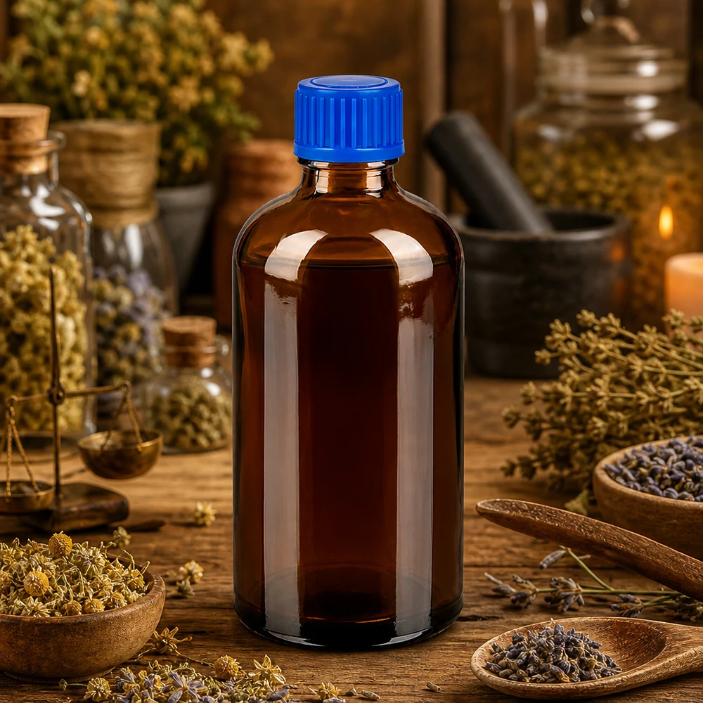 100ml flaska 11mm skruvkork blå standard BrownLine UT18/100 Premiumapoteksflaska 100 ml av UV-skyddande bärnstensfärgat glas med blått lock för aktiva ingredienser