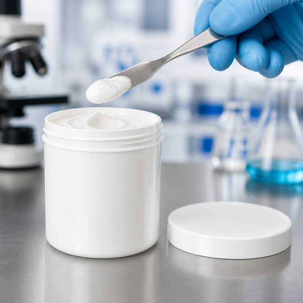 Laboratorietest av vit salvorburk, 20 g, PP-plast med skruvlock och spatel