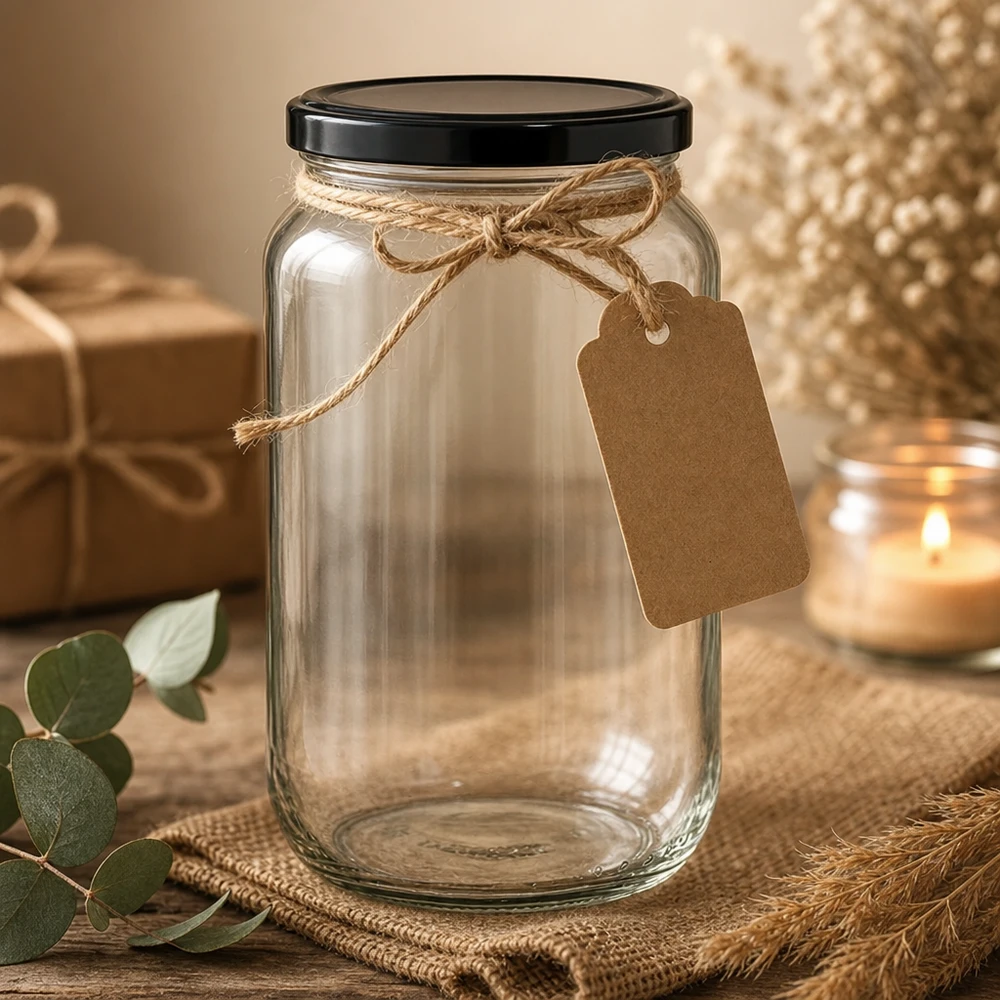 1062ml rund glasburk med BasicSeal-lock svart UNiTWIST 1062 ml rund burk dekorerad med jutesnöre och tagg av kraftpapper - snygg presentförpackning för konserveringsburkar