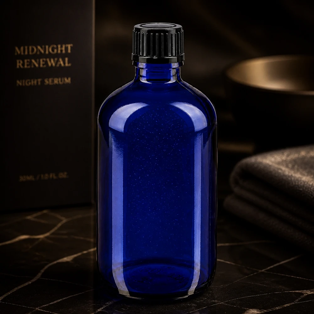 Apoteksflaska blå 100ml dropplock 1mm svart standard Blå STD-droppflaska, 100 ml, ApoGlas, med svart skruvlock för nattserum