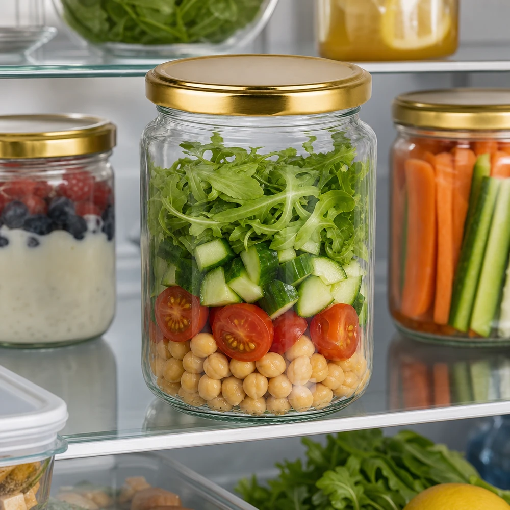 Rund burk 382 ml med guld lock BasicSeal UNiTWIST 382ml Rundglas mit goldenem Deckel für frische Salate im Kühlschrank - perfekte Meal Prep Aufbewahrung