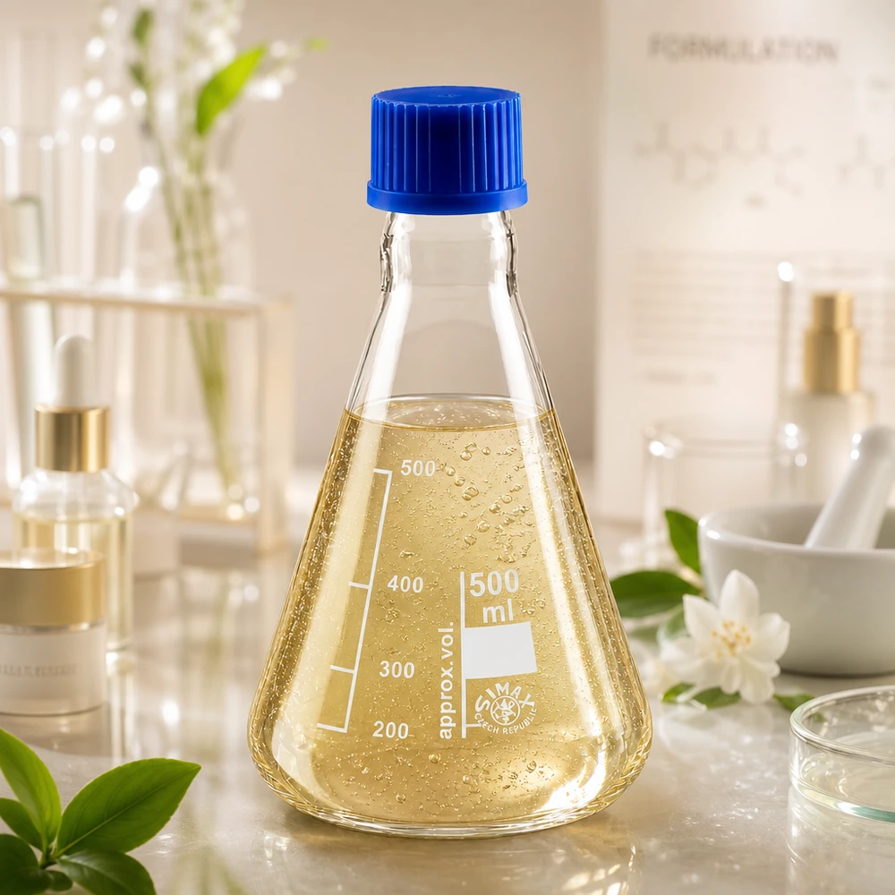 Erlenmeyerkolv 500ml med skruvkork Erlenmeyerkolv 500ml med gul vätska och blått lock för kemiska experiment