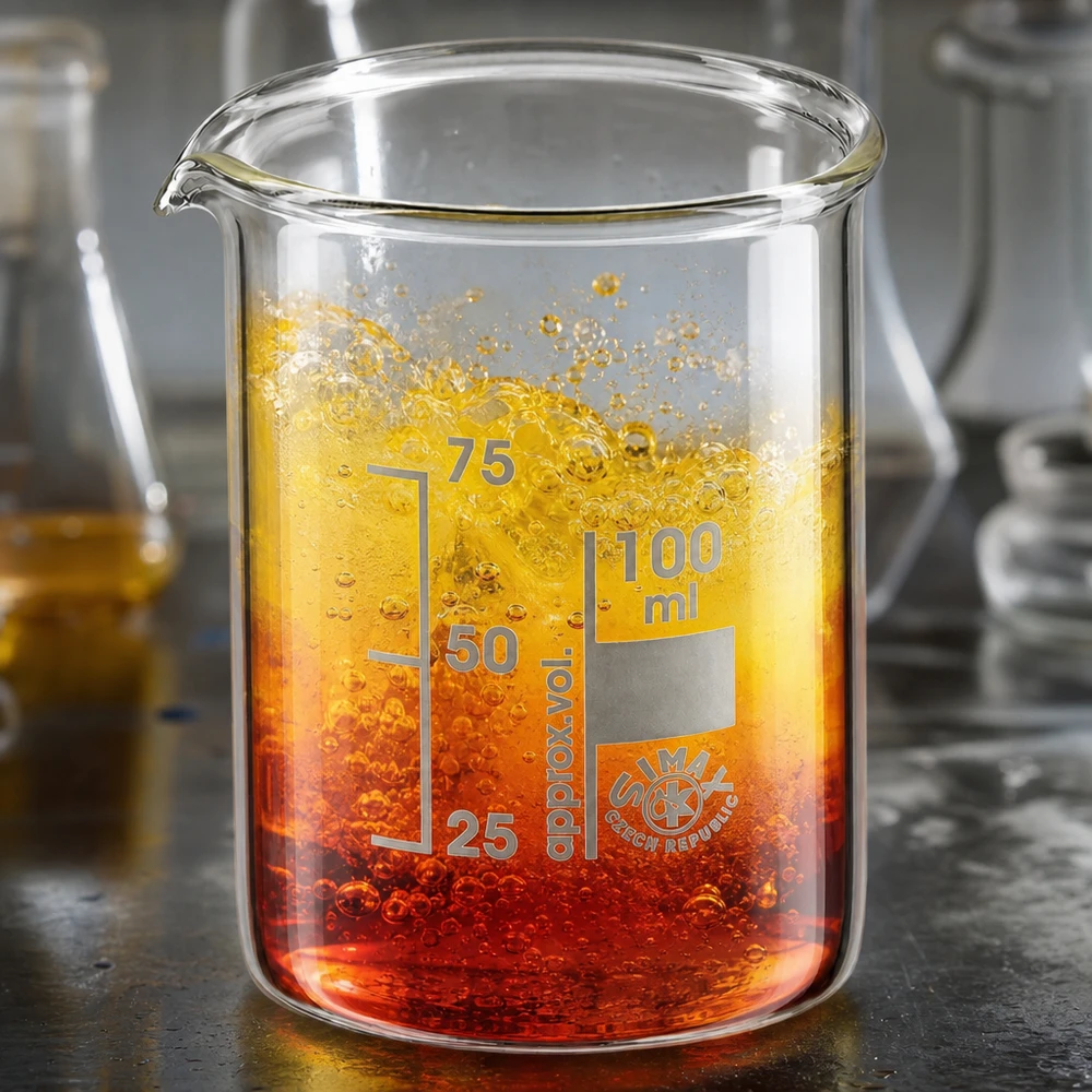 Bägare 100ml borosilikatglas, låg form Graduerad bägare 100 ml med färgad kemisk blandning och exakt volymskala