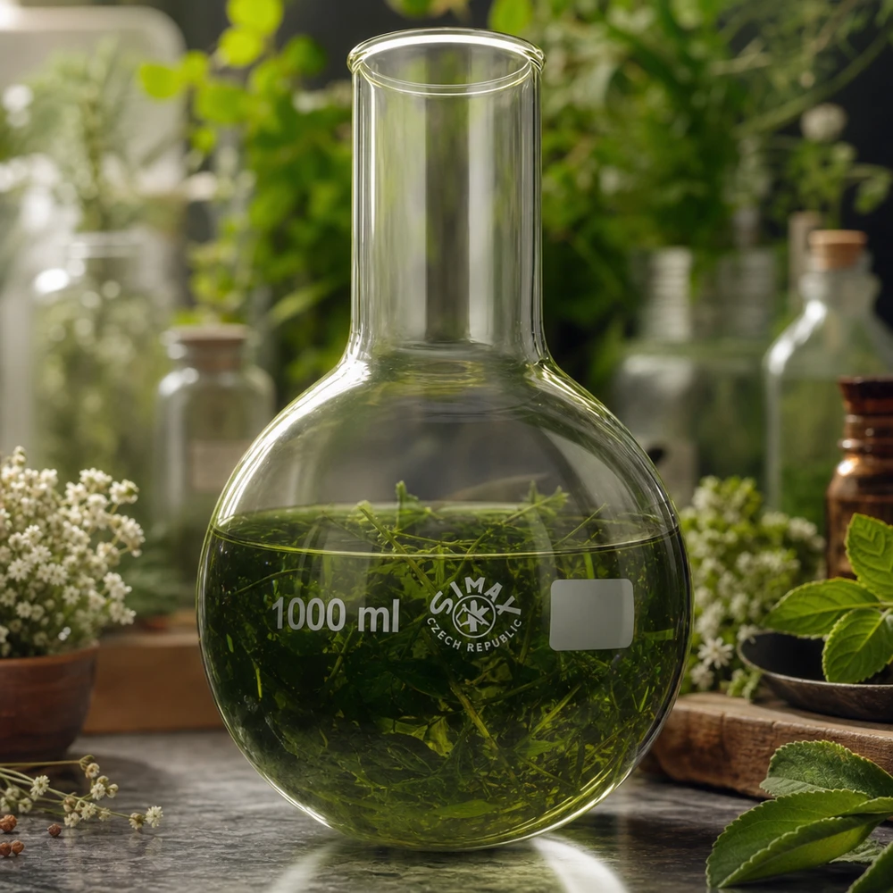 Laboratoriekolv 1000 ml med grön växtlösning för botanisk extraktion och extraktion av naturliga ämnen