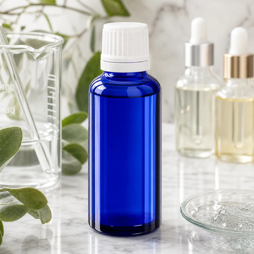 Apoteksflaska blå 30ml droppflaska 1,2mm vit barnsäker förslutning Blå 30 ml ApoGlas-droppflaska med vitt skruvlock i laboratoriemiljö på en marmoryta