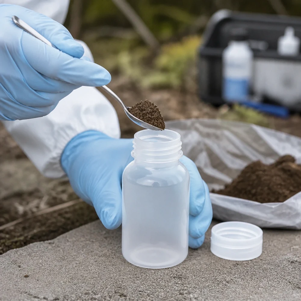 Jordprovet fylls med en spatel i en 100 ml laboratorieflaska med vid hals och skruvlock