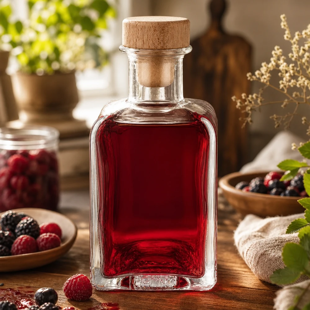 200 ml apoteksflaska Clara med träkork UNiTWIST® 200ml Glasflasche Clara mit rotem Beerensaft befüllt rustikale Küchendeko mit frischen Beeren natürlicher Holzkorken