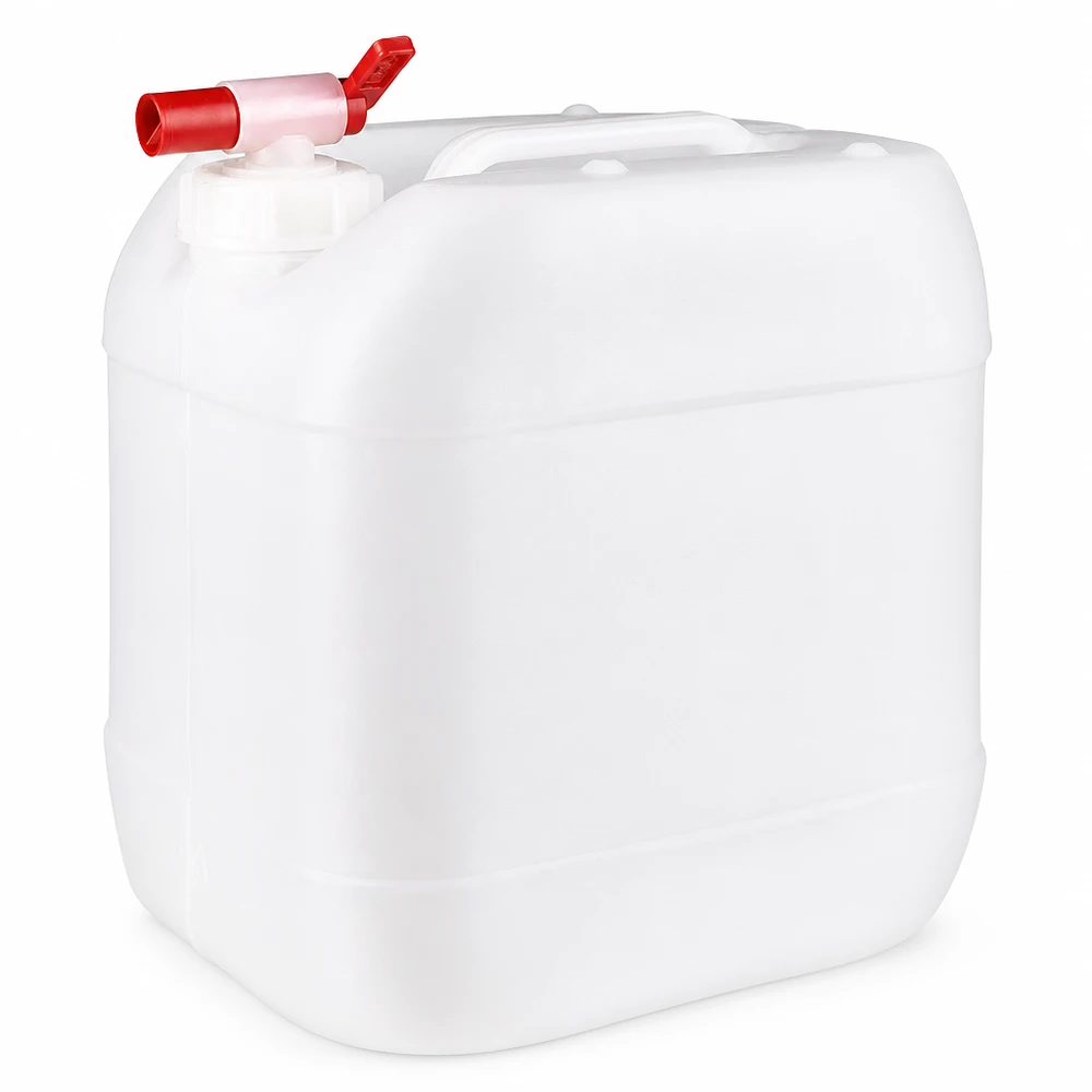 Dunk 15 liter med avtappningskran Vit 15-liters plastdunk med röd utloppskran för säker förvaring av vätskor