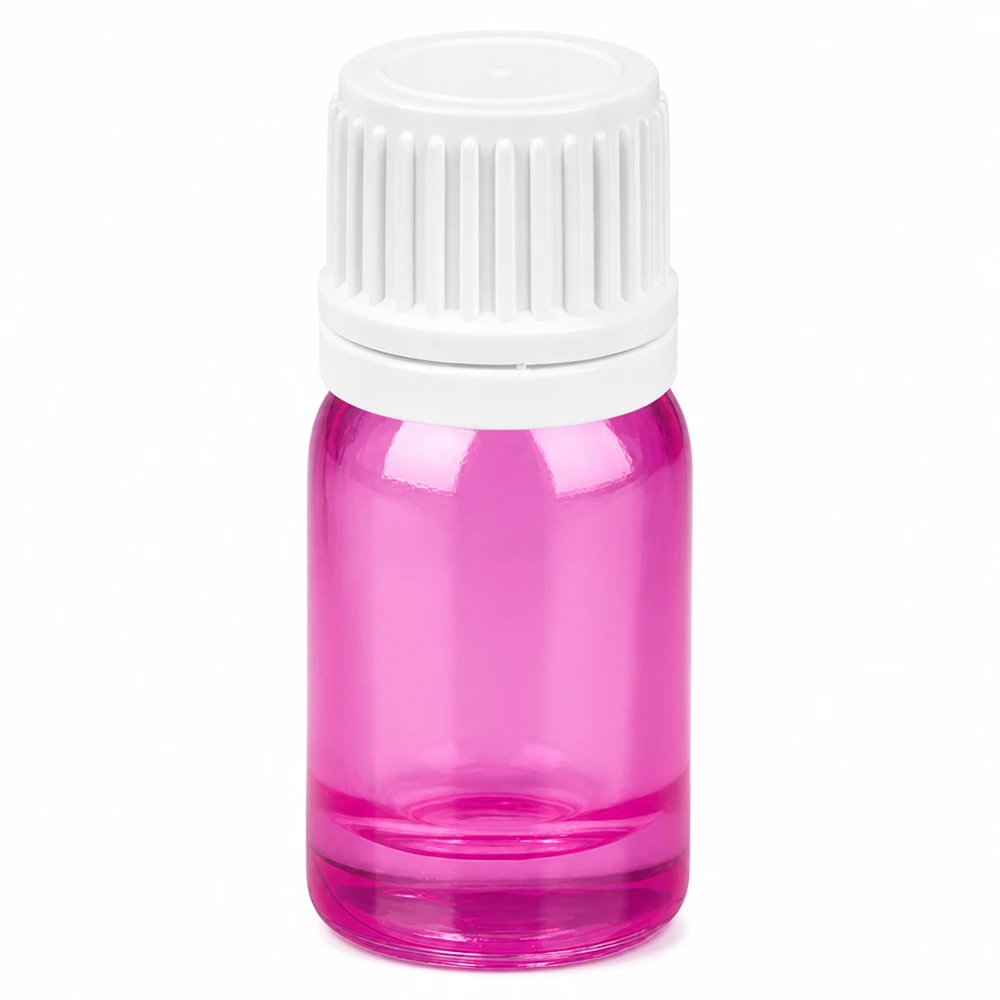 5 ml glasflaska med vitt skruvlock och lila kropp för eteriska oljor