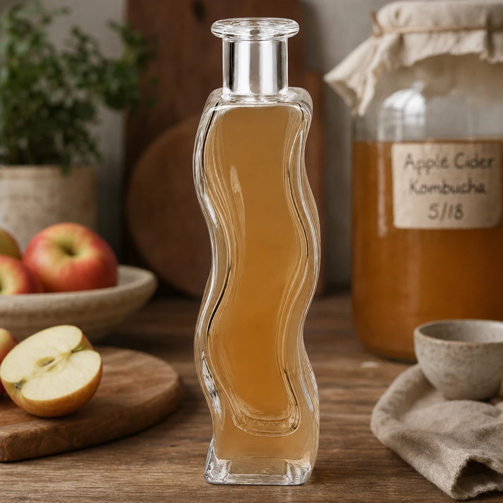 100 ml glasflaska Melissa utan förslutning UNiTWIST® Glasflaska Melissa 100ml fylld med äppelcidervinäger i naturkök med färska äpplen och Kombucha-glas