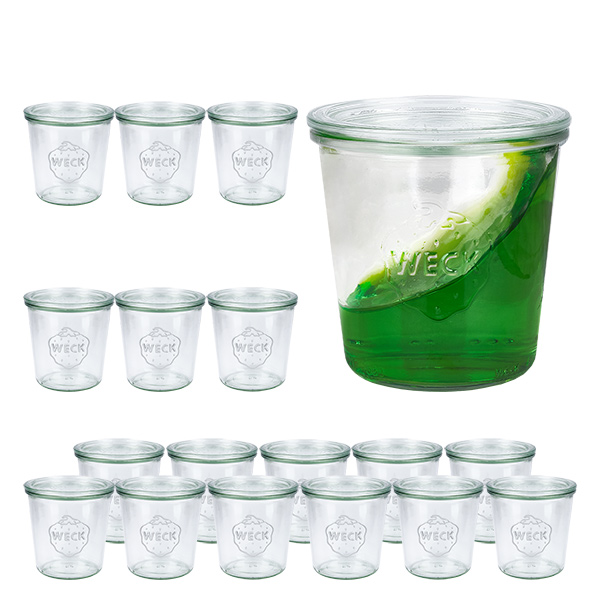 Set med 18 cylindriska burkar från Weck, 580 ml, med 18 glaslock Set med 18 cylindriska burkar från Weck, 580 ml, med 18 glaslock