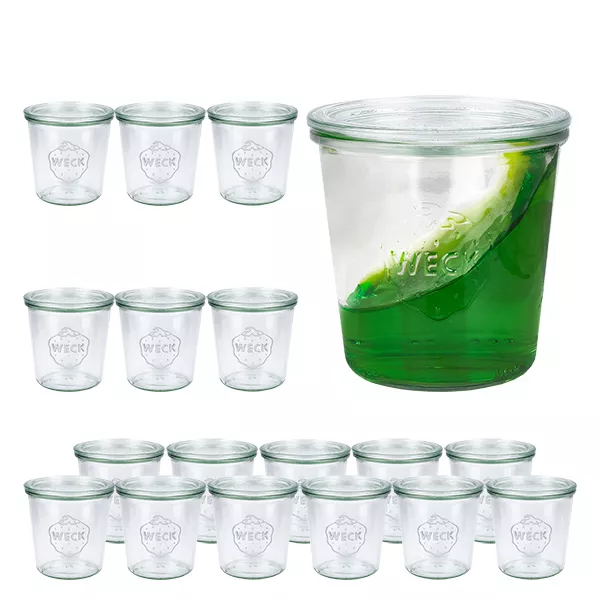 Set med 18 cylindriska burkar från Weck, 580 ml, med 18 glaslock Set med 18 cylindriska burkar från Weck, 580 ml, med 18 glaslock
