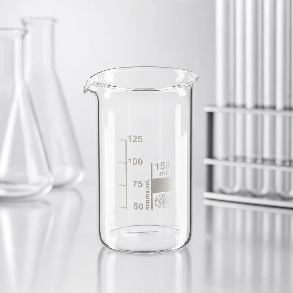 Genomskinligt bägarglas, 150 ml, hög form med volymskala från 50 till 125 ml, tillverkat av borosilikatglas